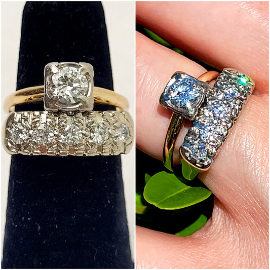 Vintage 14K Yellow White Gold .46 Carat Diamond Wedding Ring Set Sz 4.75