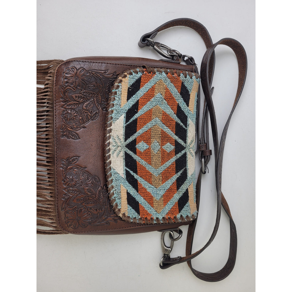 Shyanne Western Tooled Leather Fringe Southwestern Print Crossbody Bag & Wallet