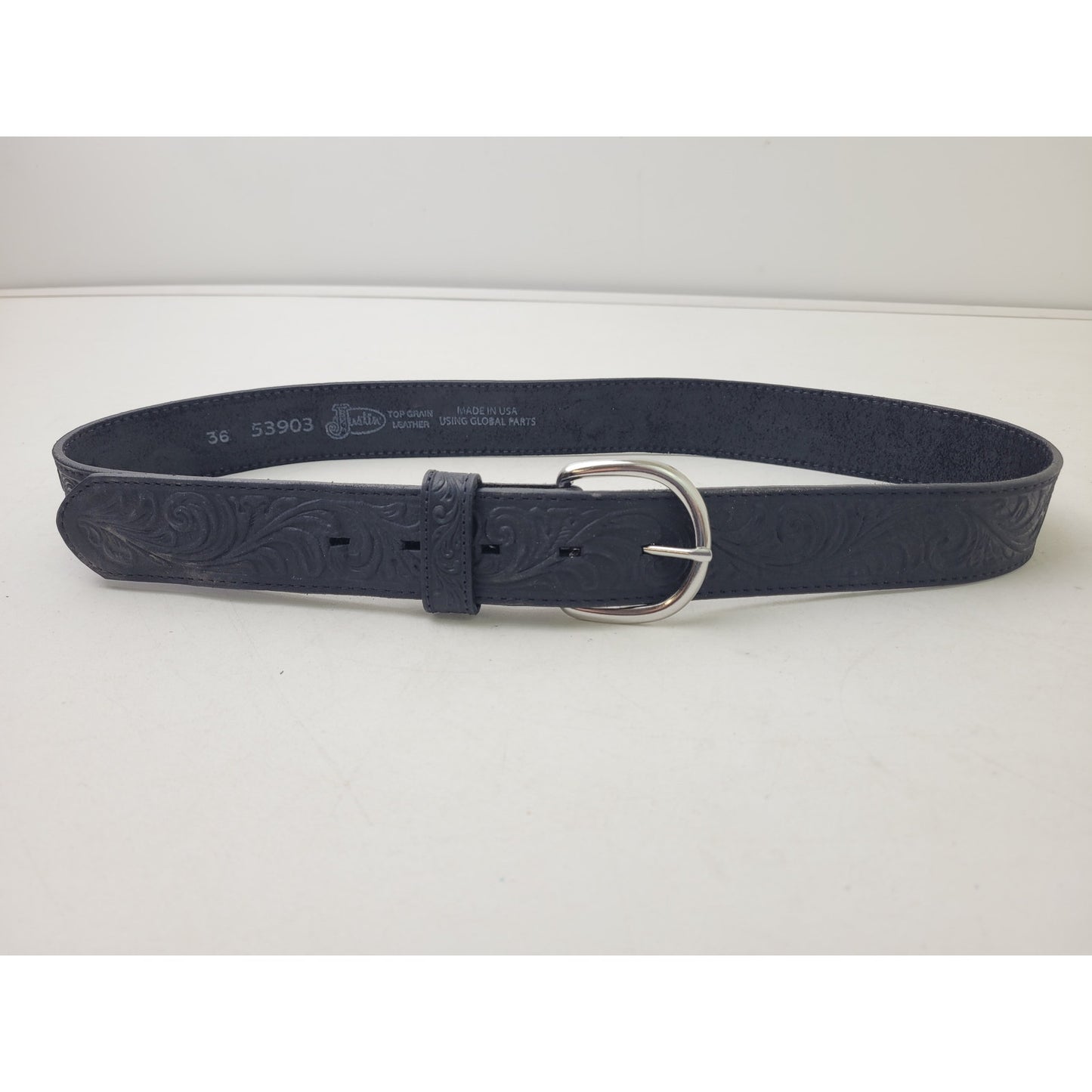 Justin Western Scroll Tooled Black Leather Belt Men's Sz 36