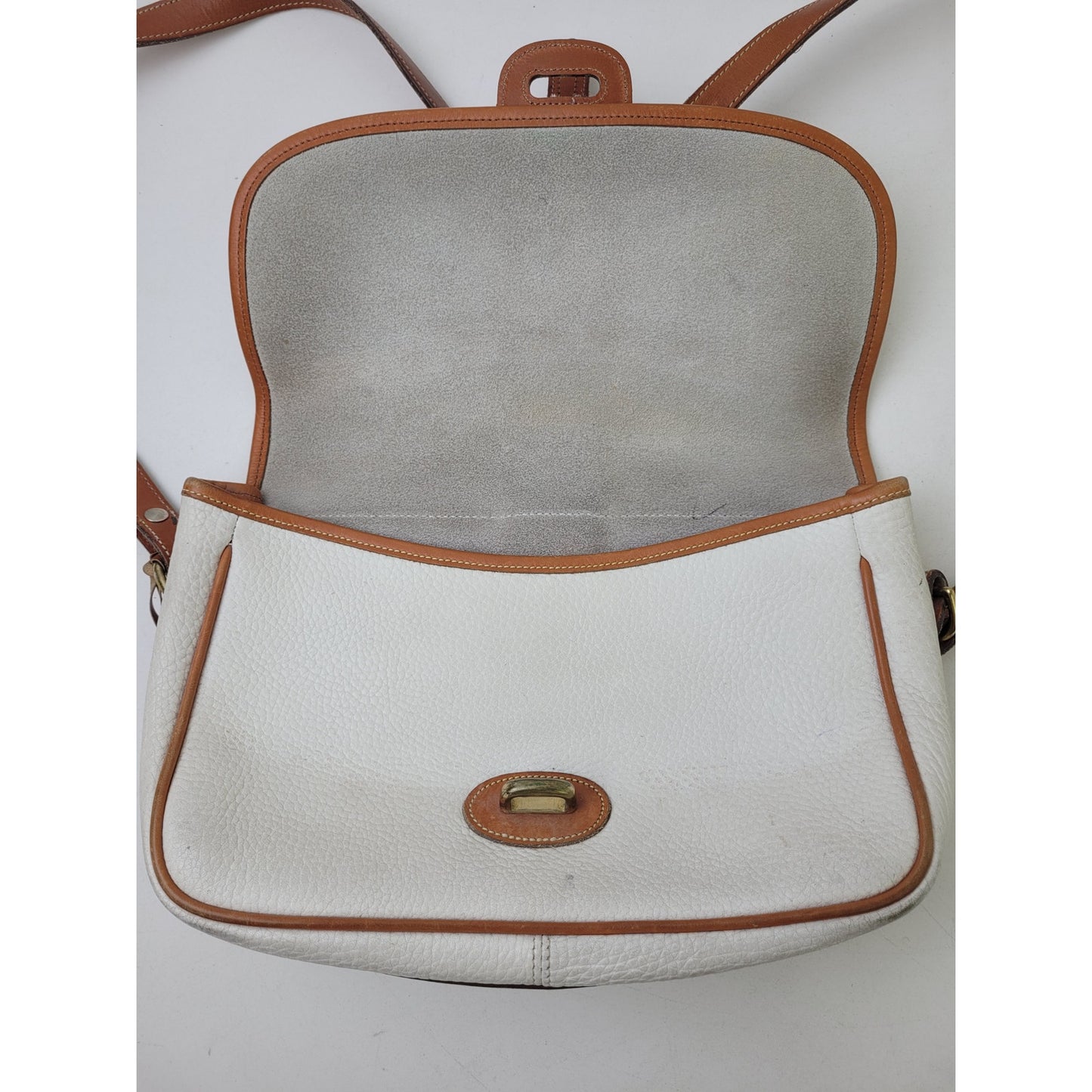 Vintage Dooney & Bourke Equestrian Crossbody Bag Pebbled White Brown Leather