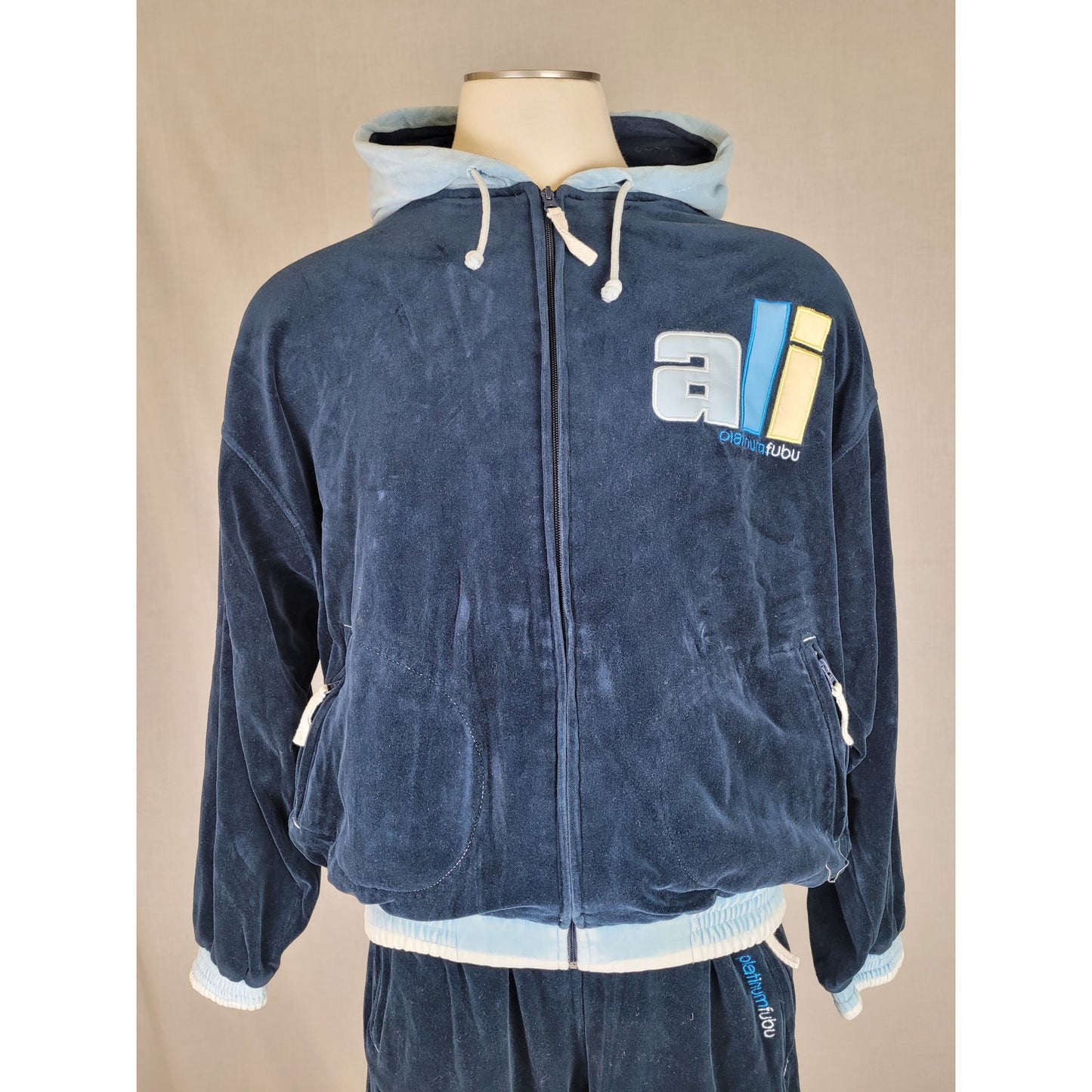 Vintage Platinum Fubu Muhammad Ali Tracksuit Set Navy Blue Velour Men's Sz L