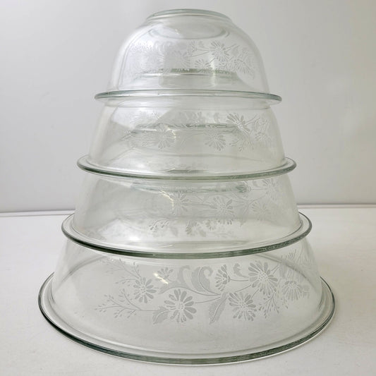 Vintage Pyrex Colonial Mist Nesting Bowls Set of 4 White Daisy Batter Bowls USA