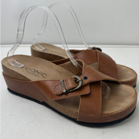 Vionic Orthaheel Mallorca Brown Leather Wedge Slide Sandals Women's Sz 9