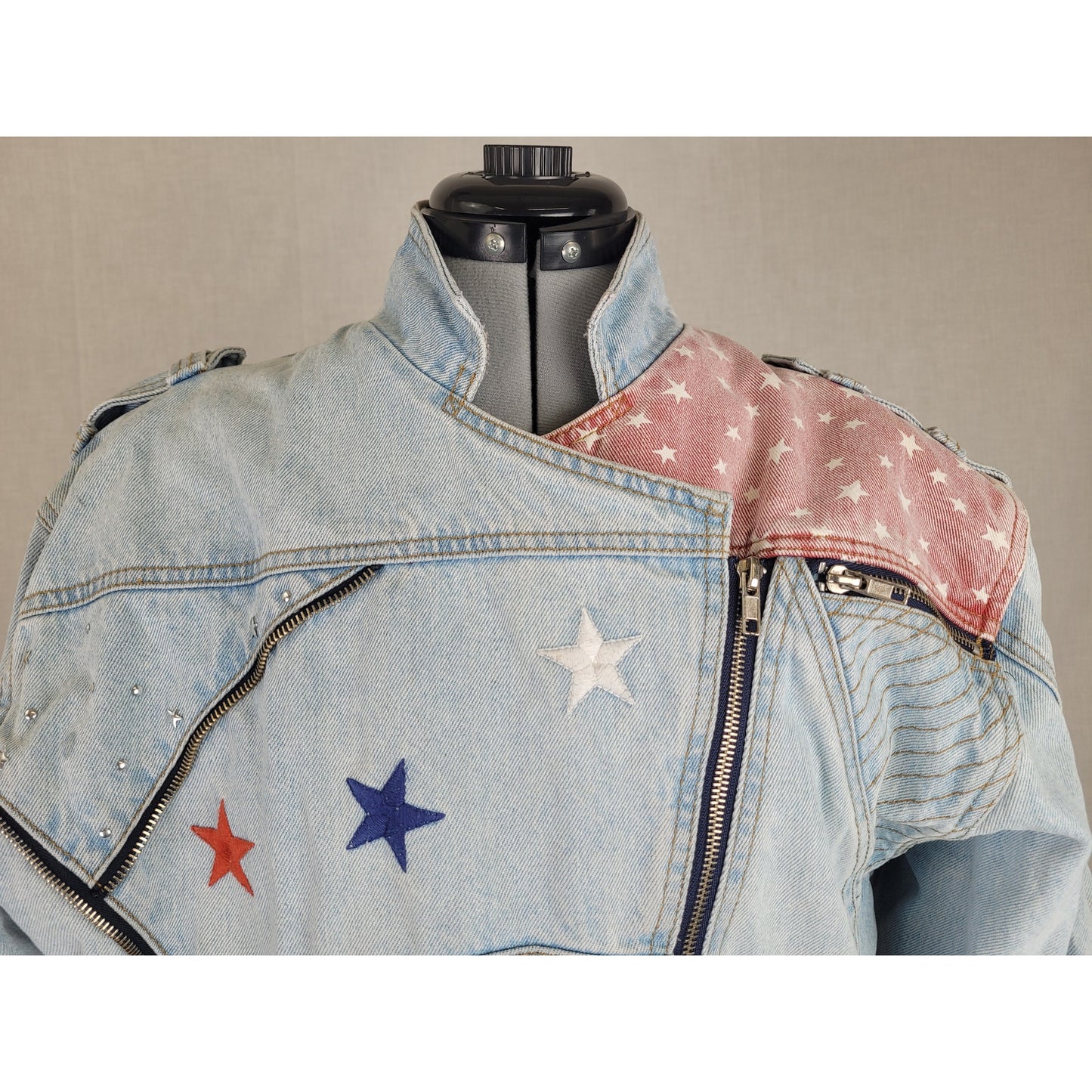 1980s VTG Cropped Denim Moto Jacket Stars Stripes Sz S/M