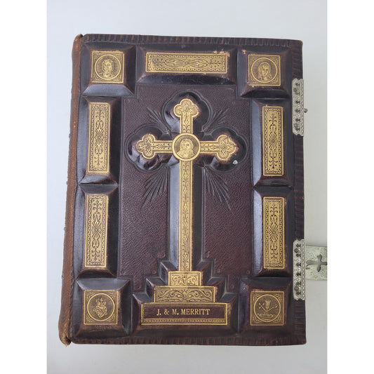 Antique Late 19th Century Catholic Family Bible Leather Binding Gold Accents