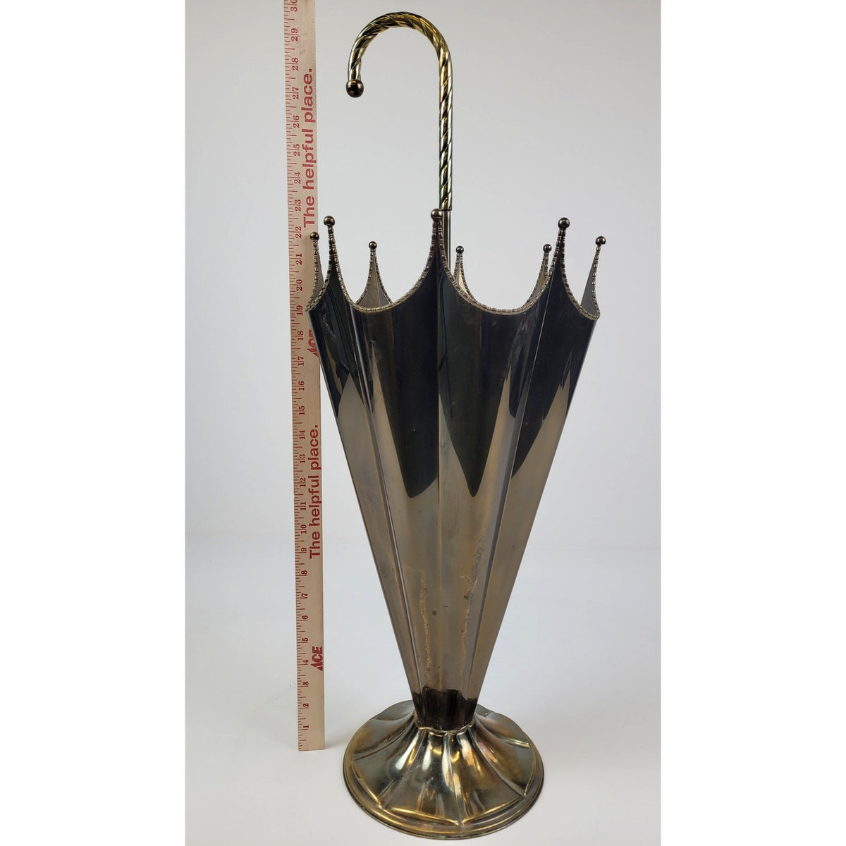 Vintage MCM Hollywood Regency Shaped Brass Plated Weighted Umbrella Stand 29" H