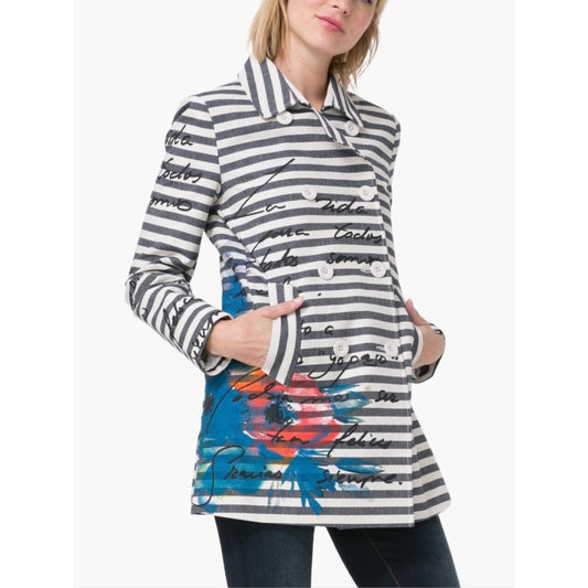 Desigual Mencia Blue & White Striped Double Breasted Blazer Floral Print Sz 38