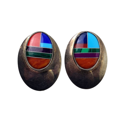 Vintage Zuni Native American Sterling Silver & Multi-stone Inlay Earrings