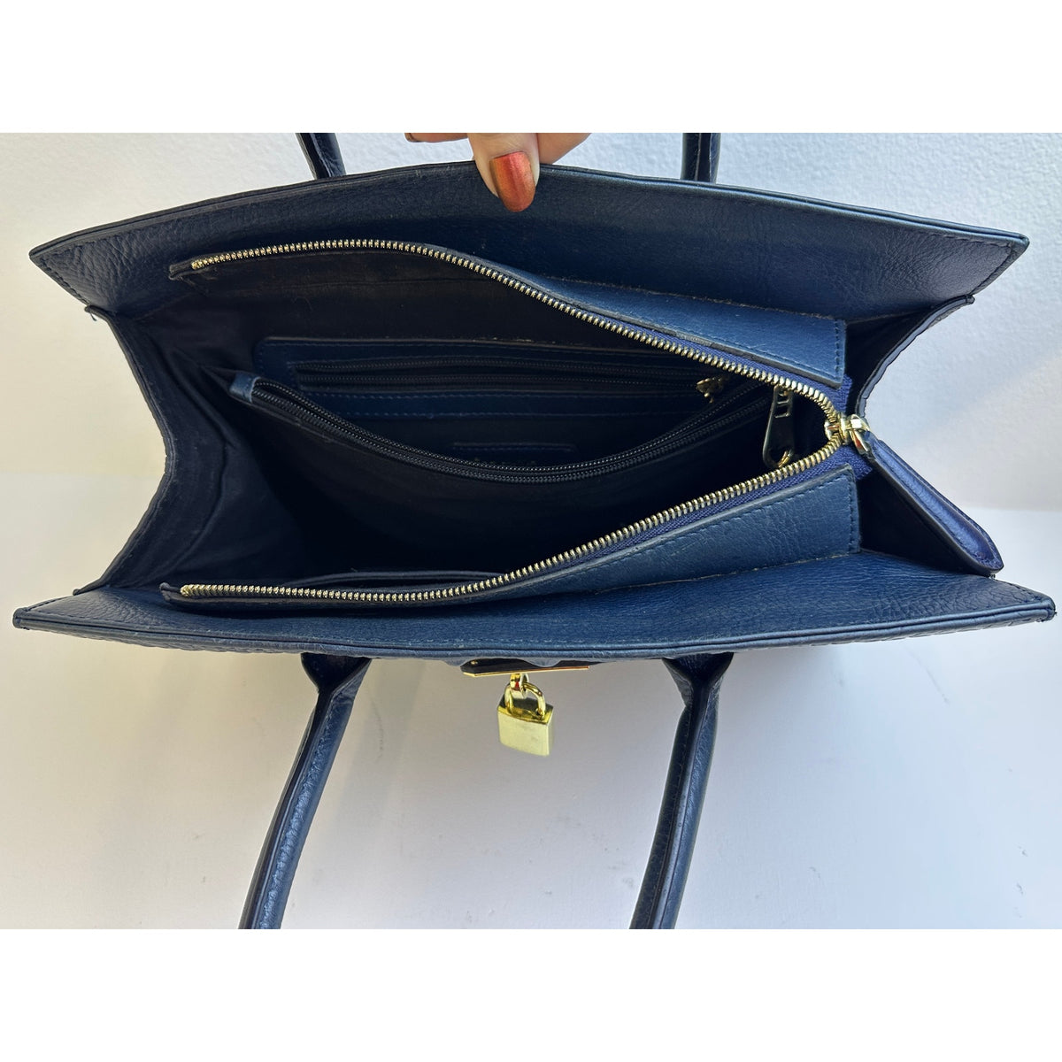 PIJUSHI Dark Blue Crocodile-Embossed Leather Satchel Bag with Gold Hardware