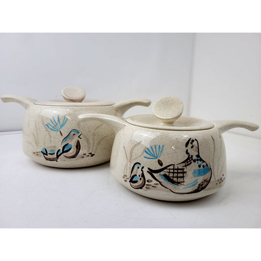1950s MCM Pair of Red Wing Pottery "Bob White" Tureens Casserole Dishes