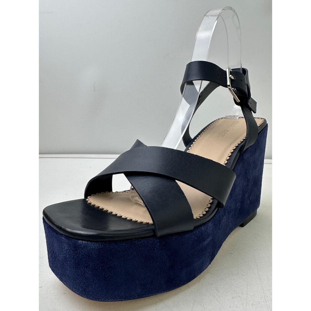 Cinq à Sept Navy Leather Sasha Vachetta Suede Platform Wedge Sandals Women's Sz 9