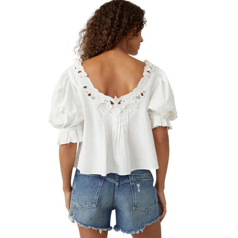 Free People Sophie Embroidery Top Soft White Billowy Cotton Fabric Sz M NWT
