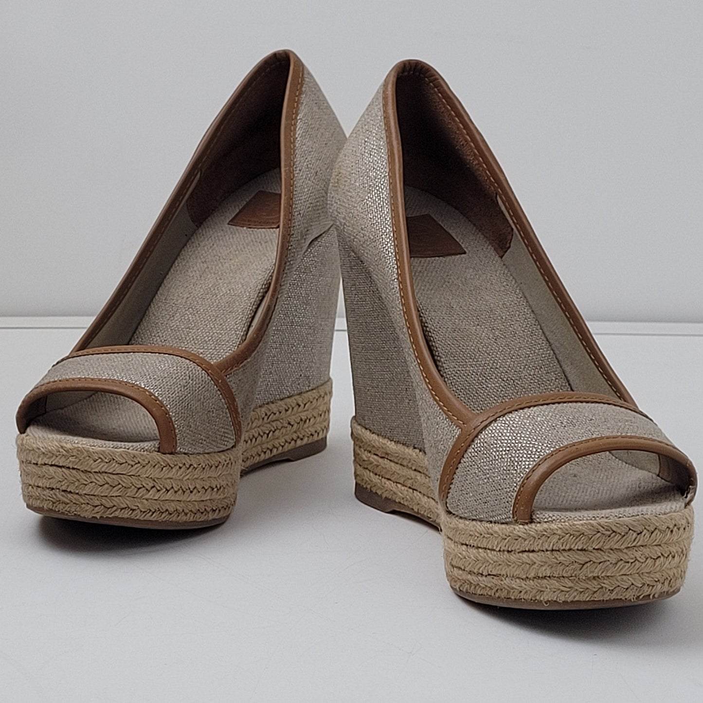 Tory Burch Women's Tan Shimmer Canvas Wedge Shoes Size 39/8.5