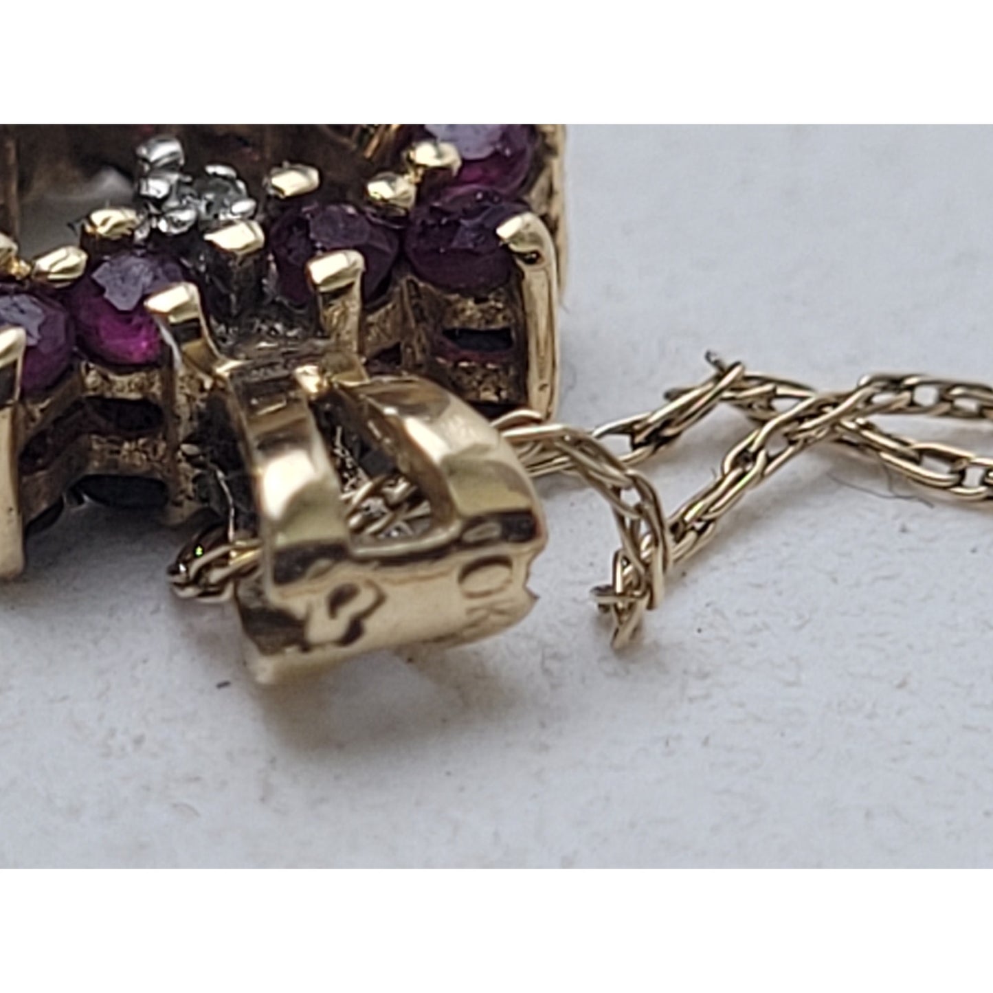 10K Yellow Gold Necklace Reversible Open Heart Pendant Ruby & Sapphire