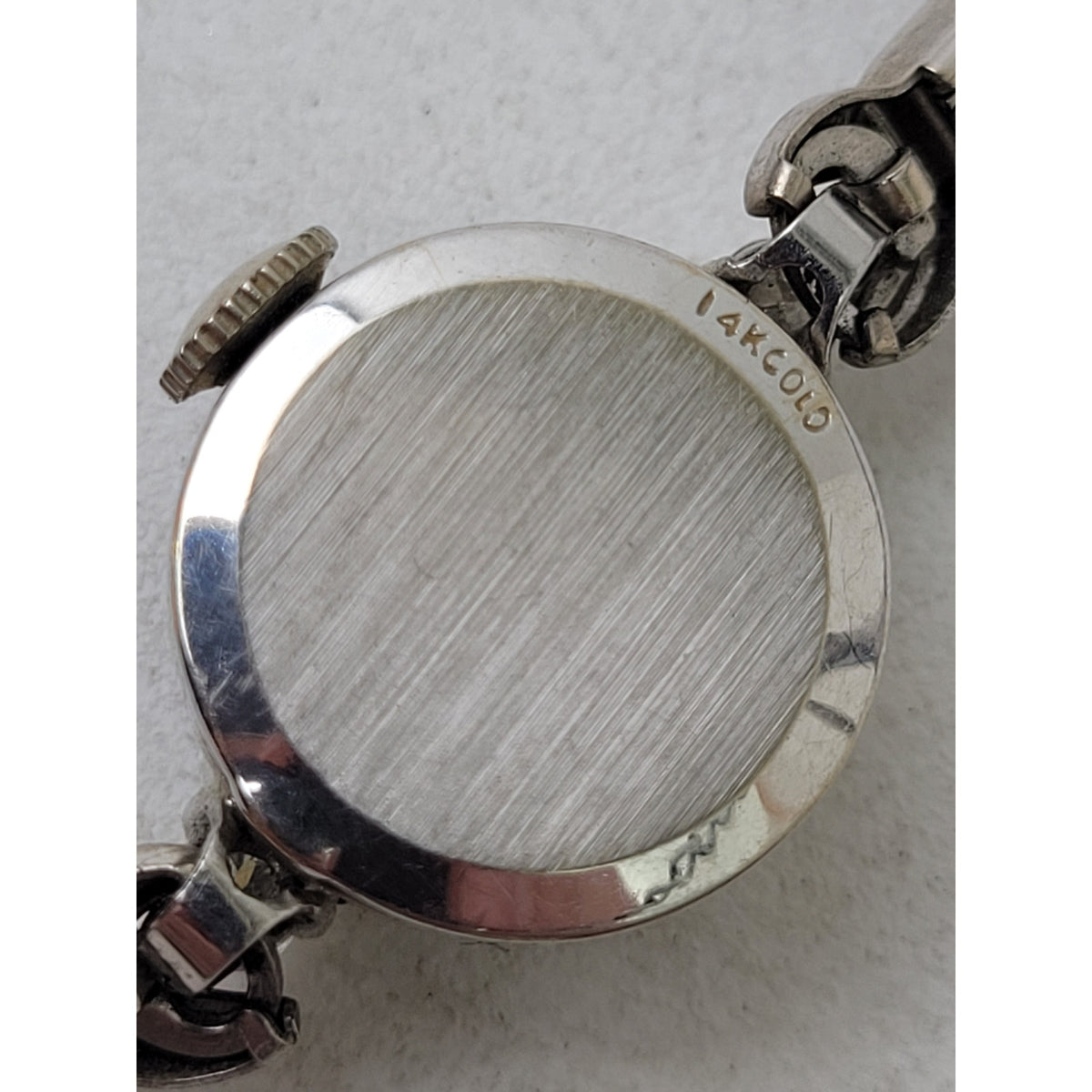 VTG Elgin 14K White Gold Wristwatch w 2 Diamonds & 22 Sapphires or Onyx | Runs