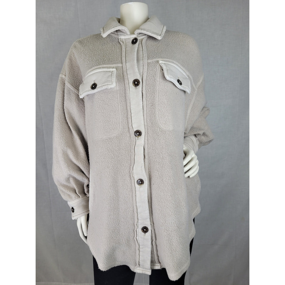 Free People Ruby Jacket Oversized Fleece Button-Down Shacket in Stone Sz XS NWT
