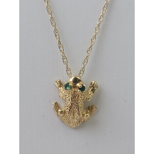 14K Yellow Gold Frog Charm w Green Stone Eyes on 10K Yellow Gold Chain