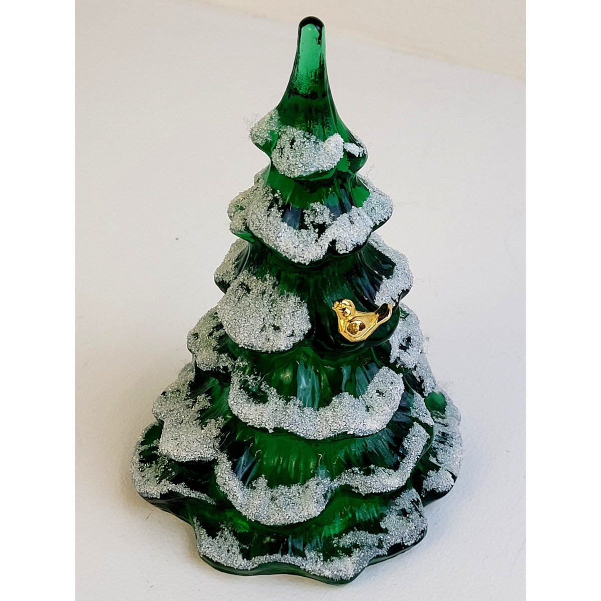 VTG 1990s Fenton Art Glass Christmas Tree w Metallic Gold Bird 6" Tall Signed