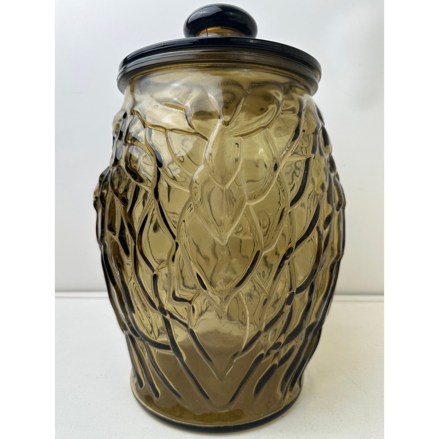 Vintage 70s Libbey Smoked Brown Glass Wise Owl Cookie Jar