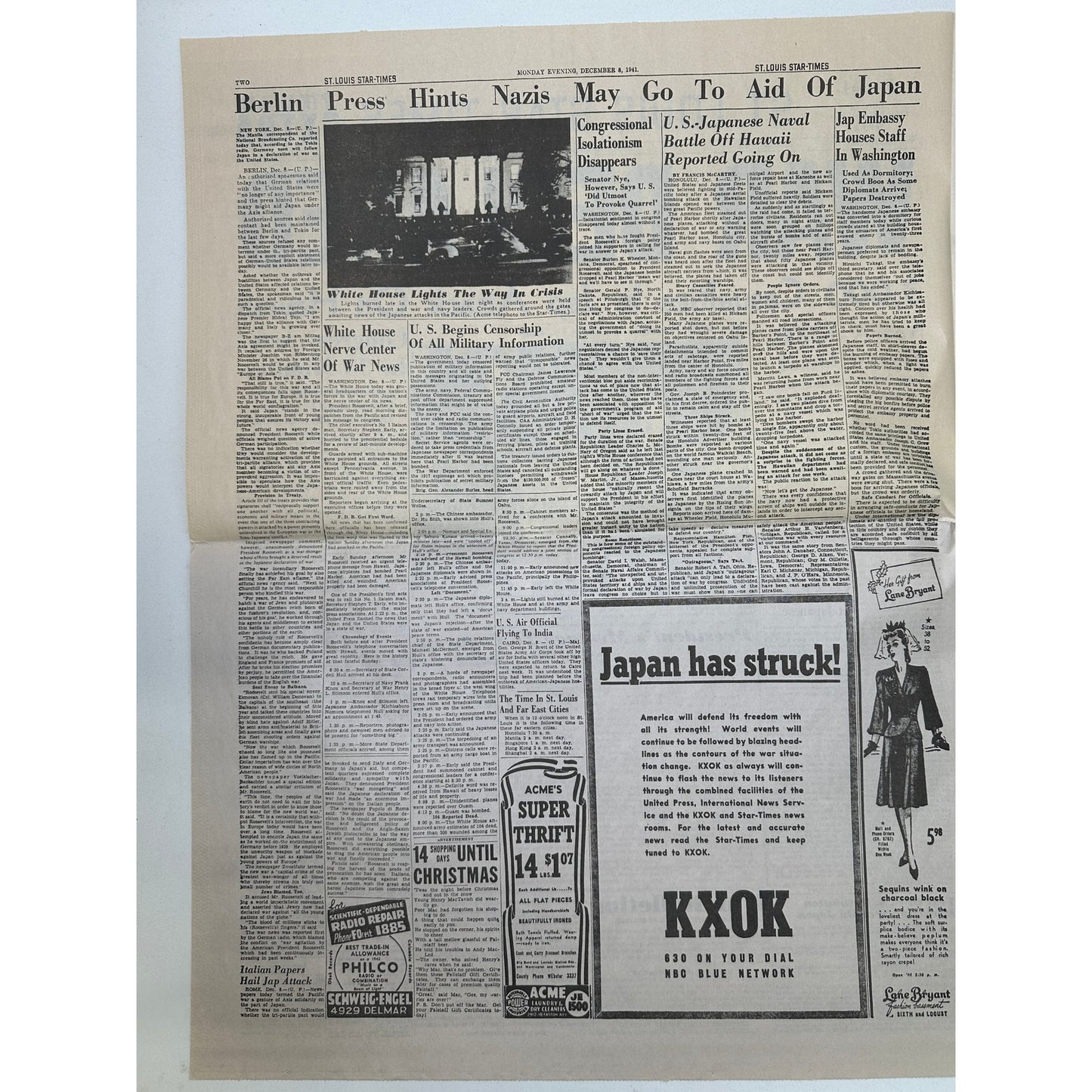 Vintage St. Louis Star-Times December 8, 1941 WWII Pearl Harbor War Declared Newspaper