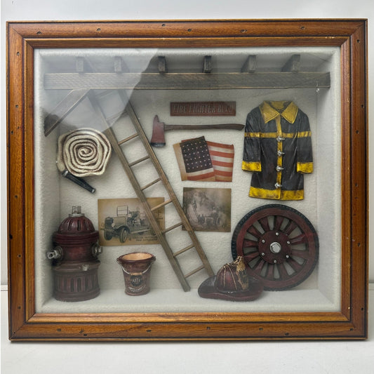Vintage 3D Firefighter Commemorative Wooden Shadow Box Decor
