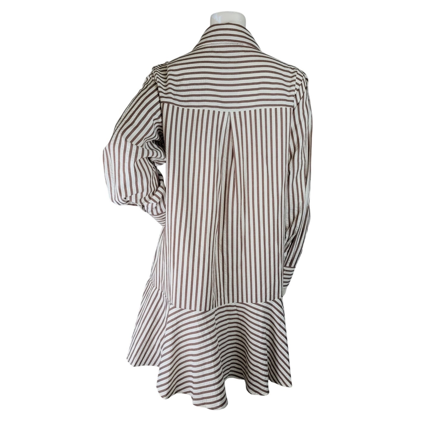 Entro Brown & White Striped Ruffled Hem Collared Shirt Dress Mini Sz M