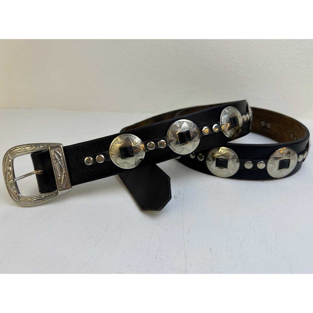 Vintage Black Leather Star Concho Belt Made in USA