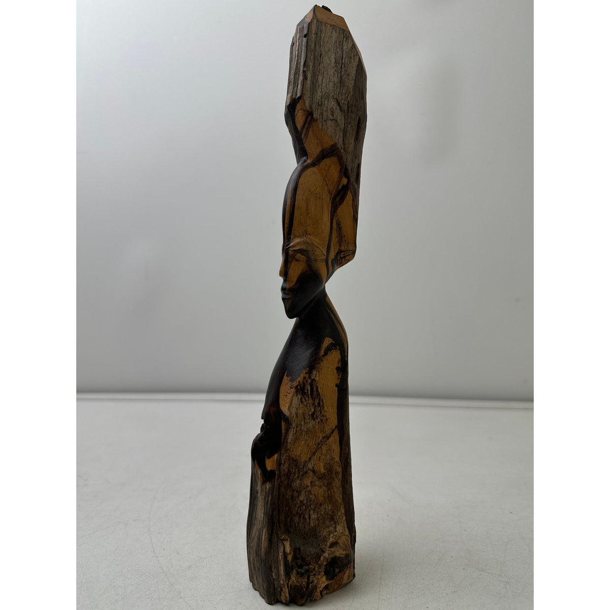 Vintage Hand-Carved Zambian Ebony Wood Two-Tone Tribal Woman Sculpture