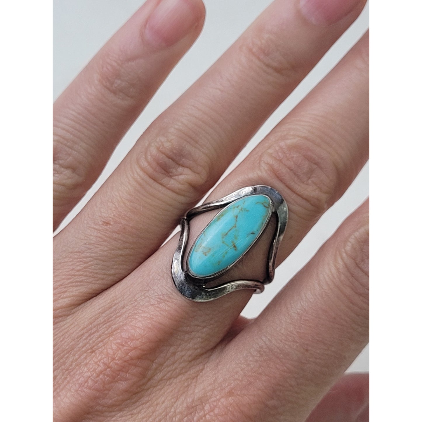Vintage Mexican Sterling Silver Turquoise Open Frame Split Shank Ring Sz 6.5