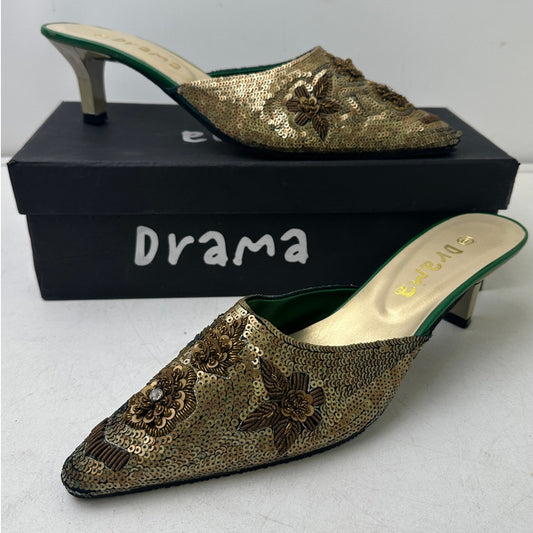 Drama Vintage Gold Beaded Sequin Kitten Heel Mules Women's Sz 9