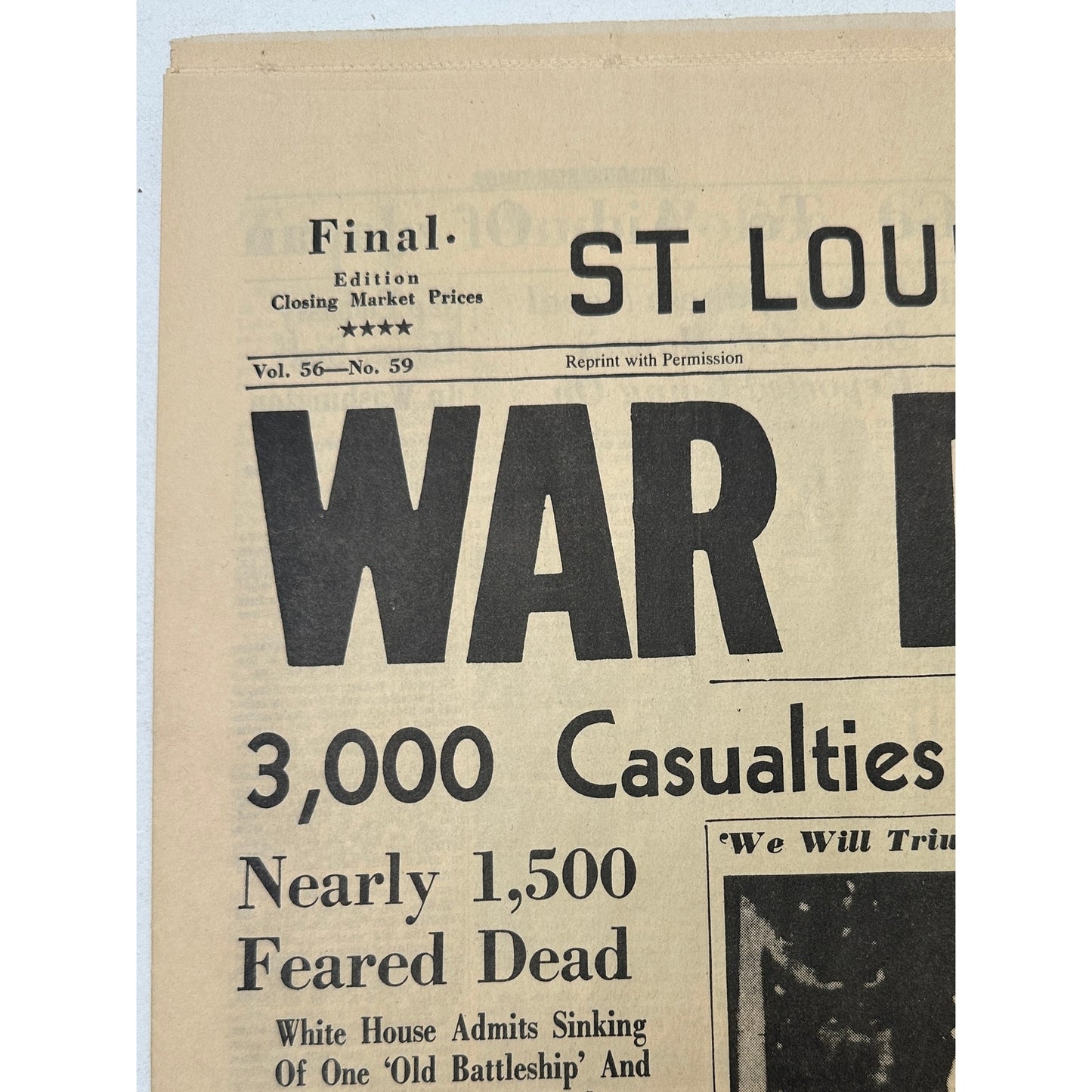 Vintage St. Louis Star-Times December 8, 1941 WWII Pearl Harbor War Declared Newspaper