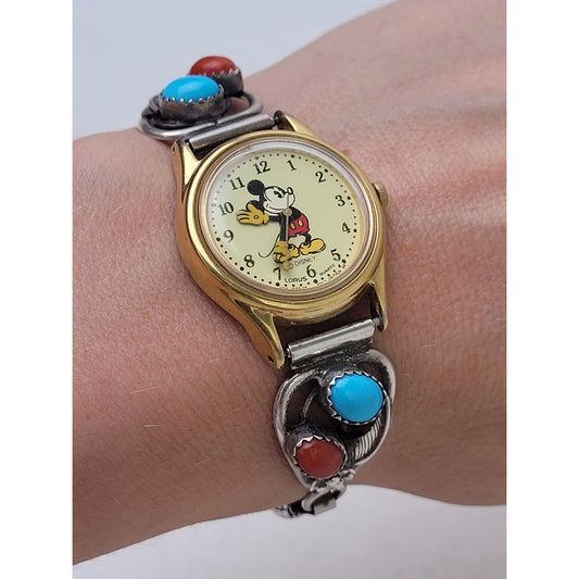 Vintage Signed Sterling Silver Turquoise Watch Band w Disney Mickey Mouse Watch