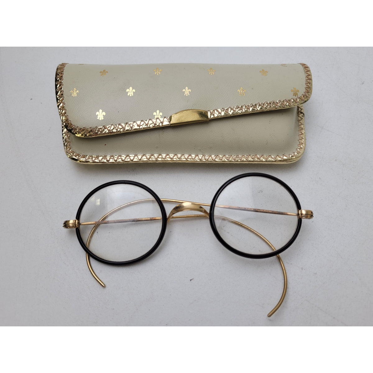 Antique Windsor-Style Eyeglasses Gold-Filled Bridge Brown Celluloid Rims + Case