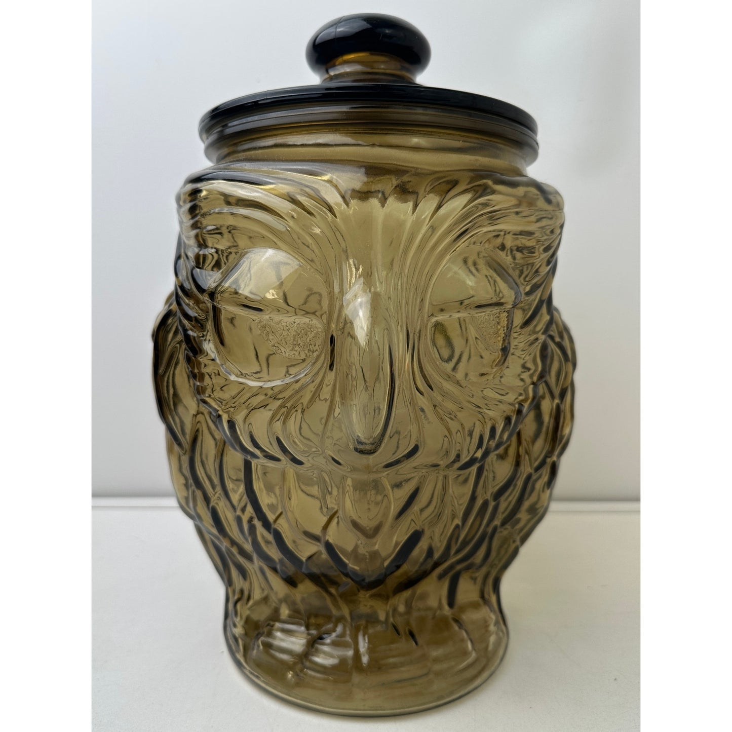 Vintage 70s Libbey Smoked Brown Glass Wise Owl Cookie Jar
