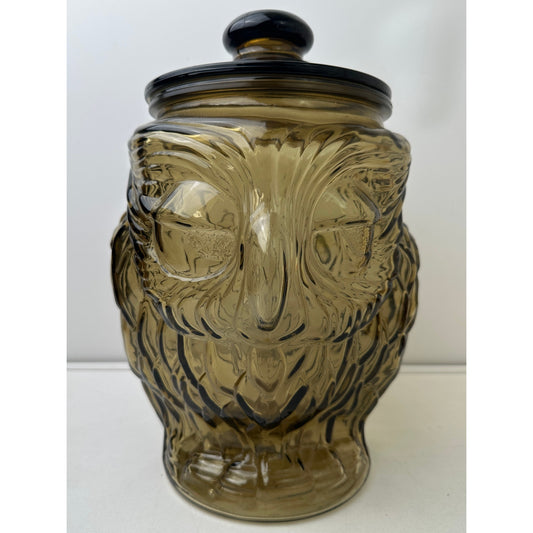 Vintage 70s Libbey Smoked Brown Glass Wise Owl Cookie Jar
