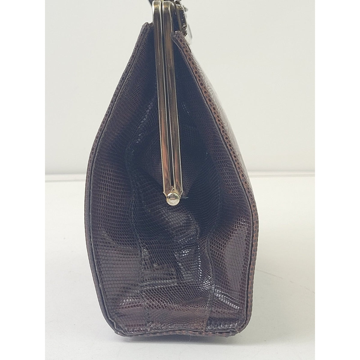 Vintage 1950s-60s Brown Lizard Skin Handbag w Gold Tone Hardware