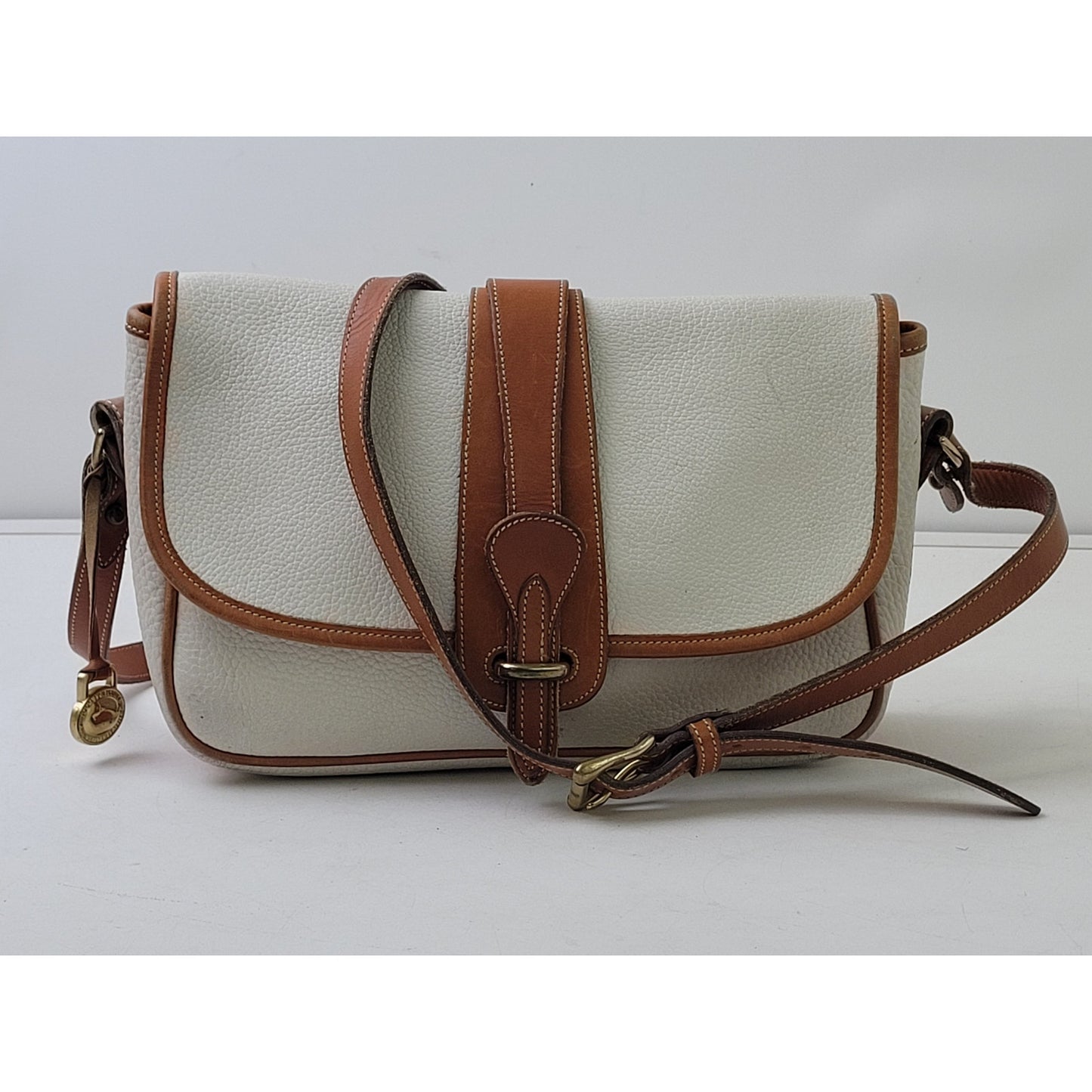 Vintage Dooney & Bourke Equestrian Crossbody Bag Pebbled White Brown Leather