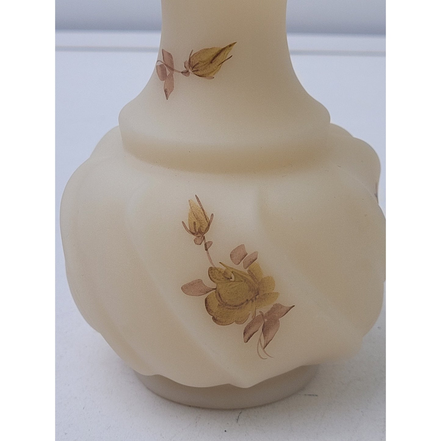 Fenton Art Glass Vase Custard Satin Hand-Painted Floral Design Signed 4.5" H