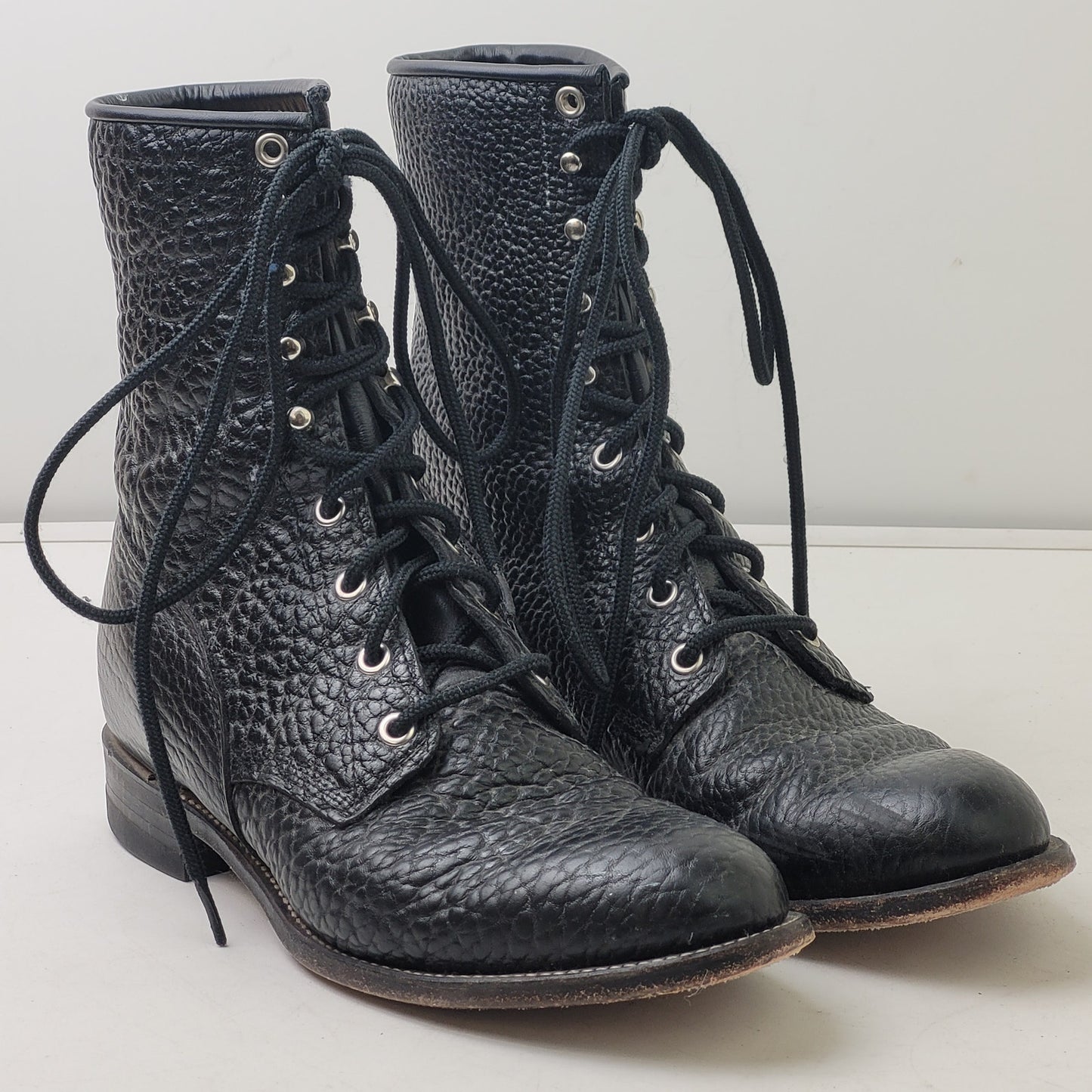 Justin L522 Bullhide Western Lacer Boots Mens Sz 8.5 D Pebbled Black Leather