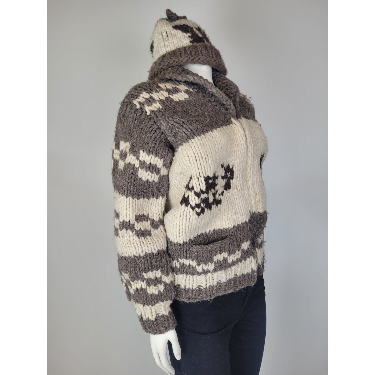 Vintage Heavy-Knit Wool Cowichan Style Zip-Up Sweater w Matching Toque Sz XS