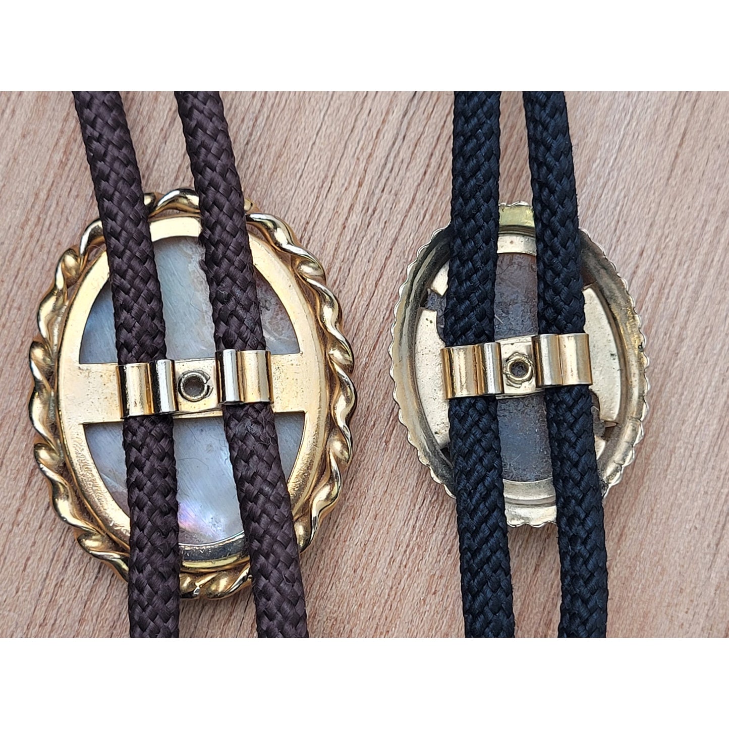 Vintage Pair of Western-Style Bolo Ties Mother of Pearl & Banded Agate Stone