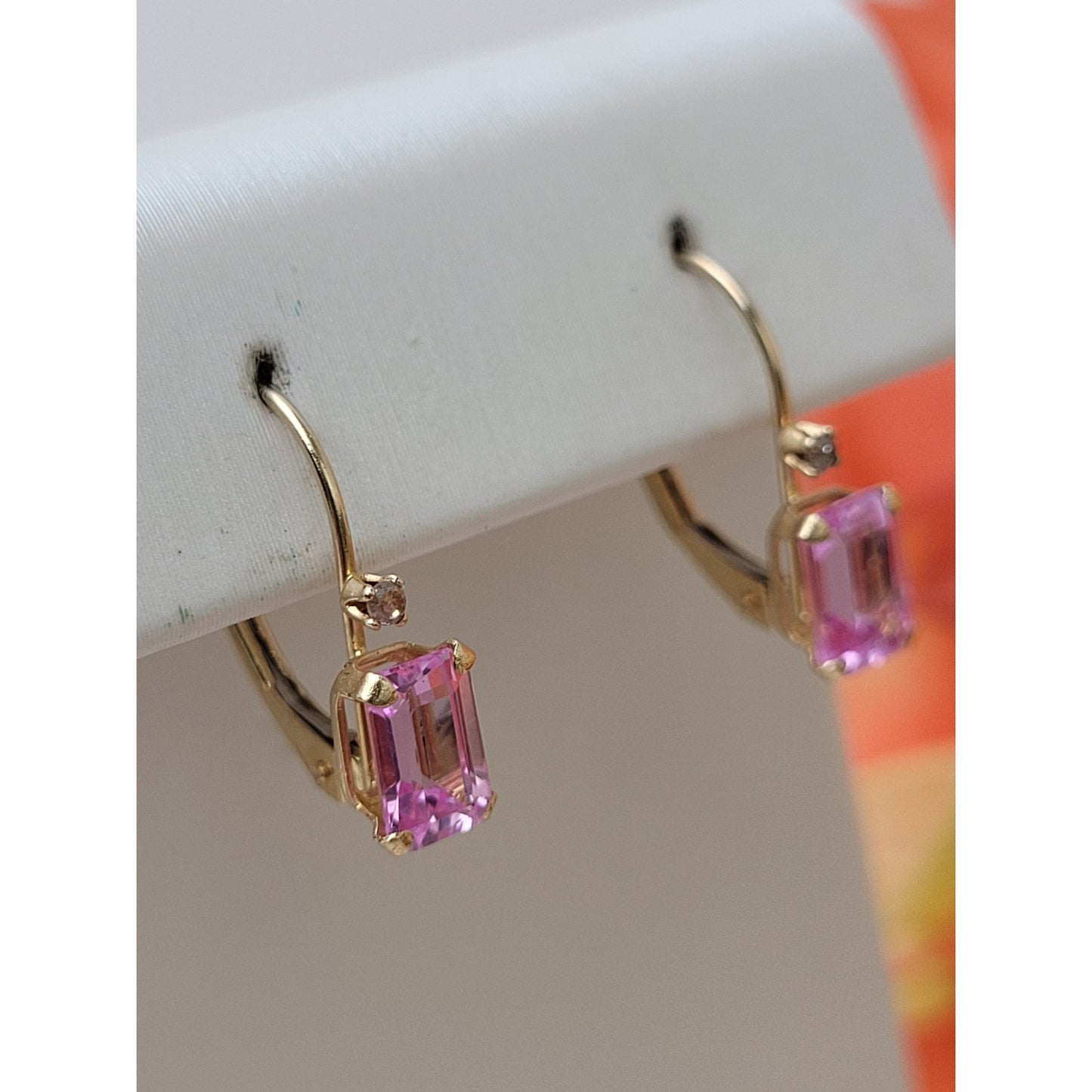 14K Solid Yellow Gold Dangle Earrings Pink Tourmaline & Diamond Stones