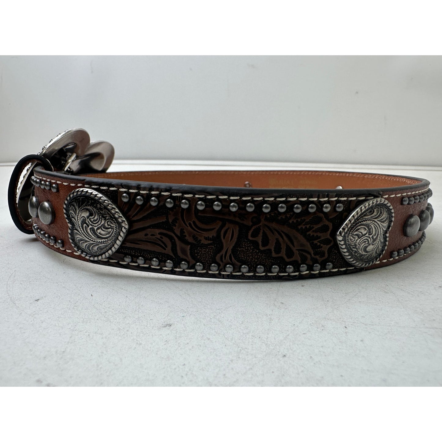 Ariat Western Brown Leather Belt W/ Silver Heart Buckle Children's Sz 24