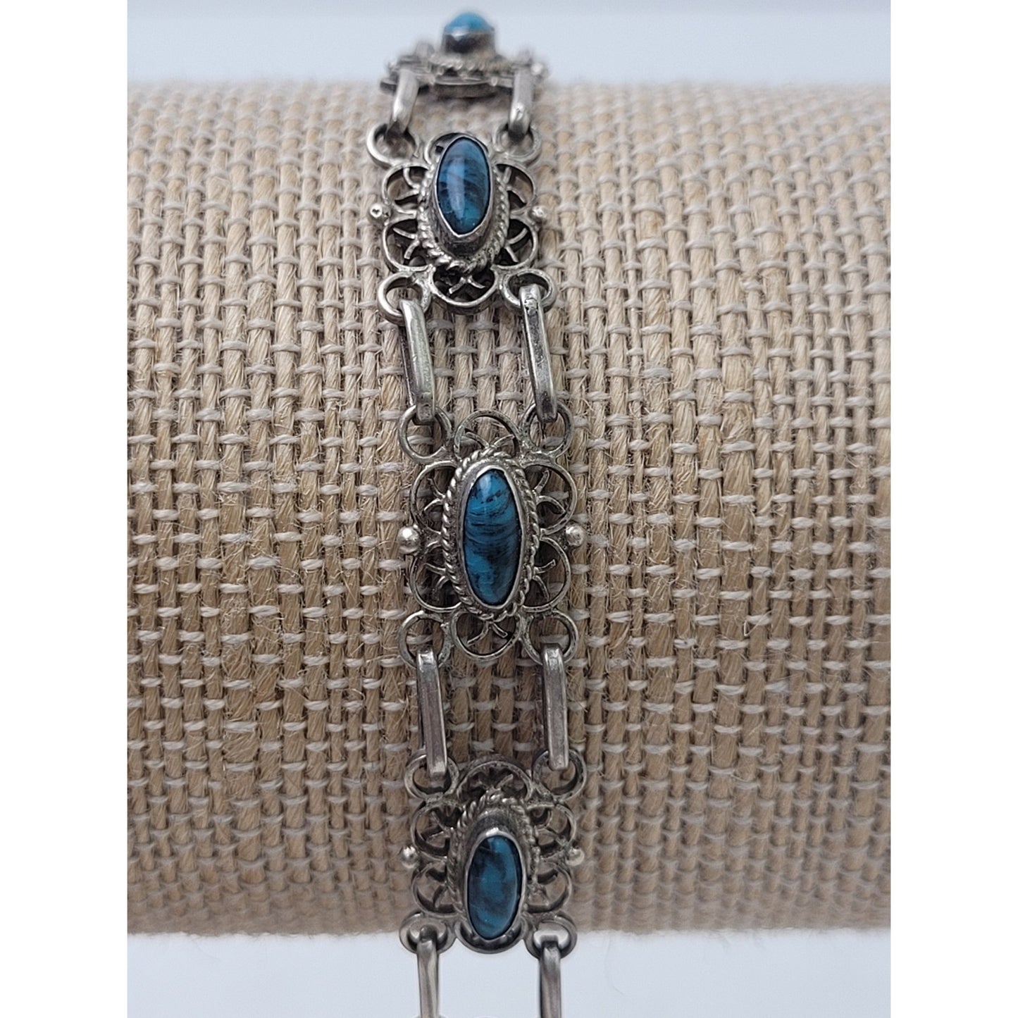 Vintage Sterling Silver Bracelet Intricate Filigree & Turquoise Stones | Mexico