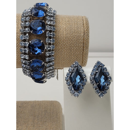 Vintage Blue Rhinestone Hollywood Regency Statement Bracelet & Earrings
