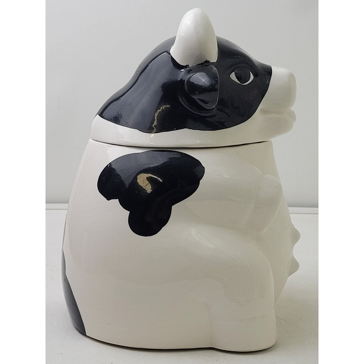 Vintage Ceramic Black & White Sitting Farm Cow Cookie Jar