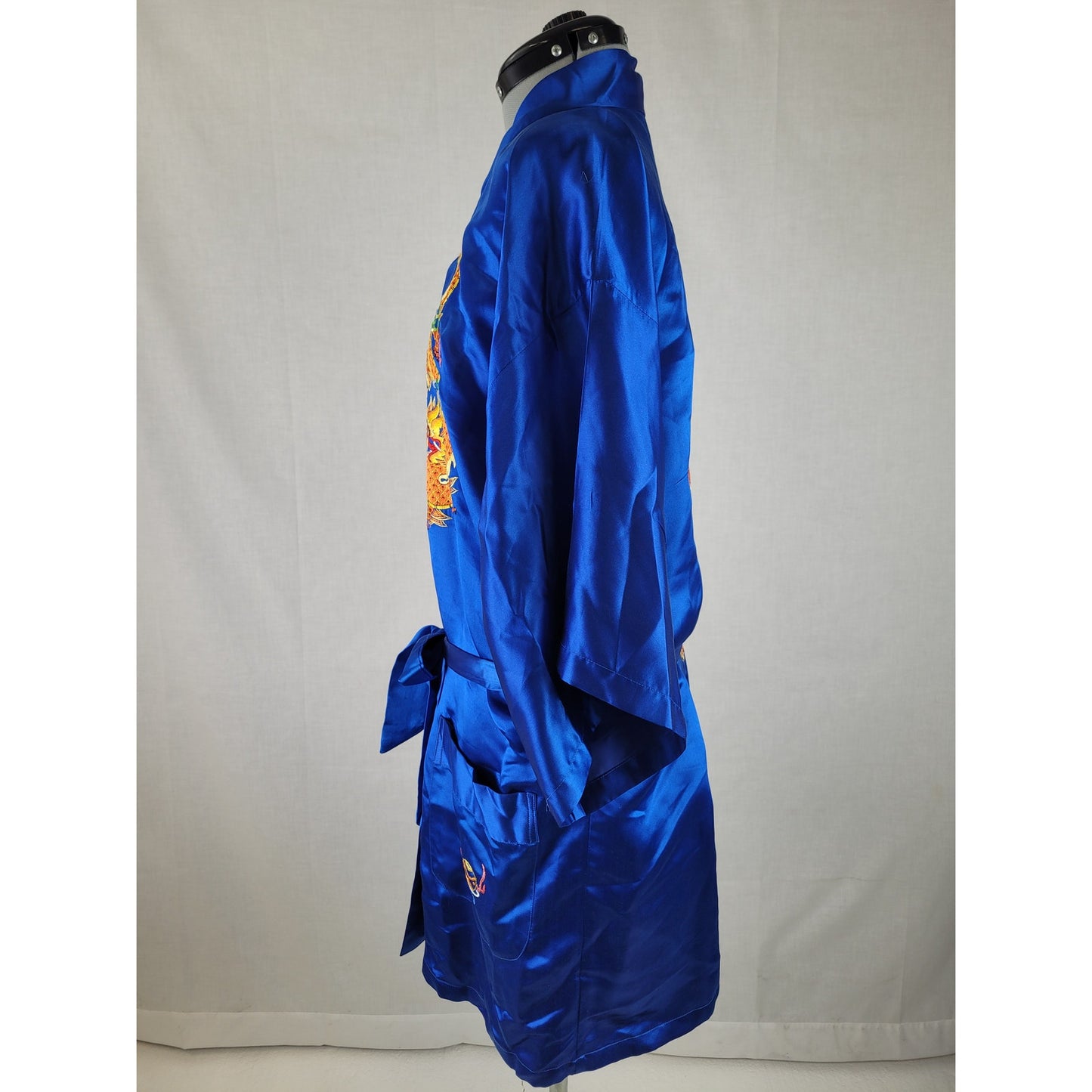 Vintage Pearls Brand Gold Dragon Embroidered Blue Silk Robe w Belt Sz S/M
