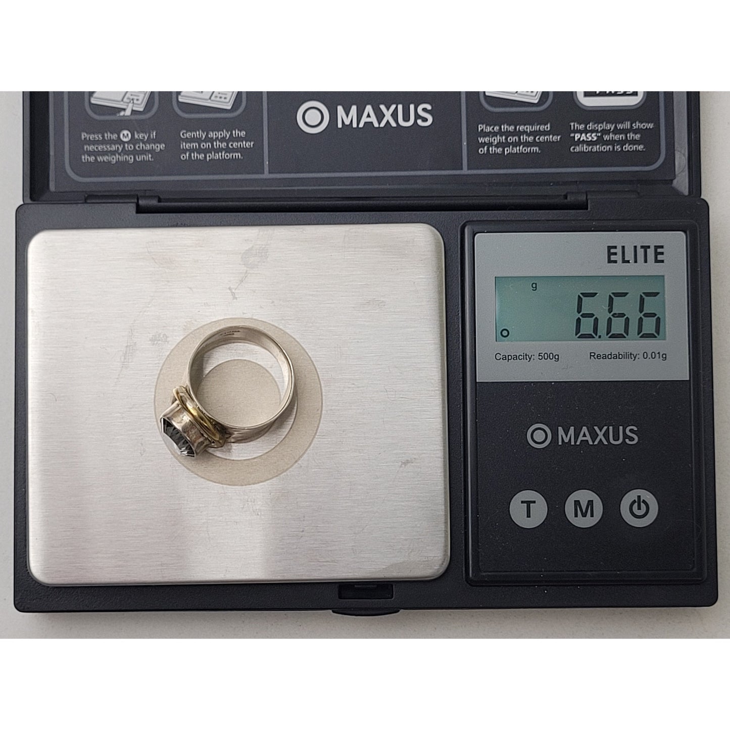 Vintage Large Blue Mystic Quartz Sterling Silver Brass Sz 6.5