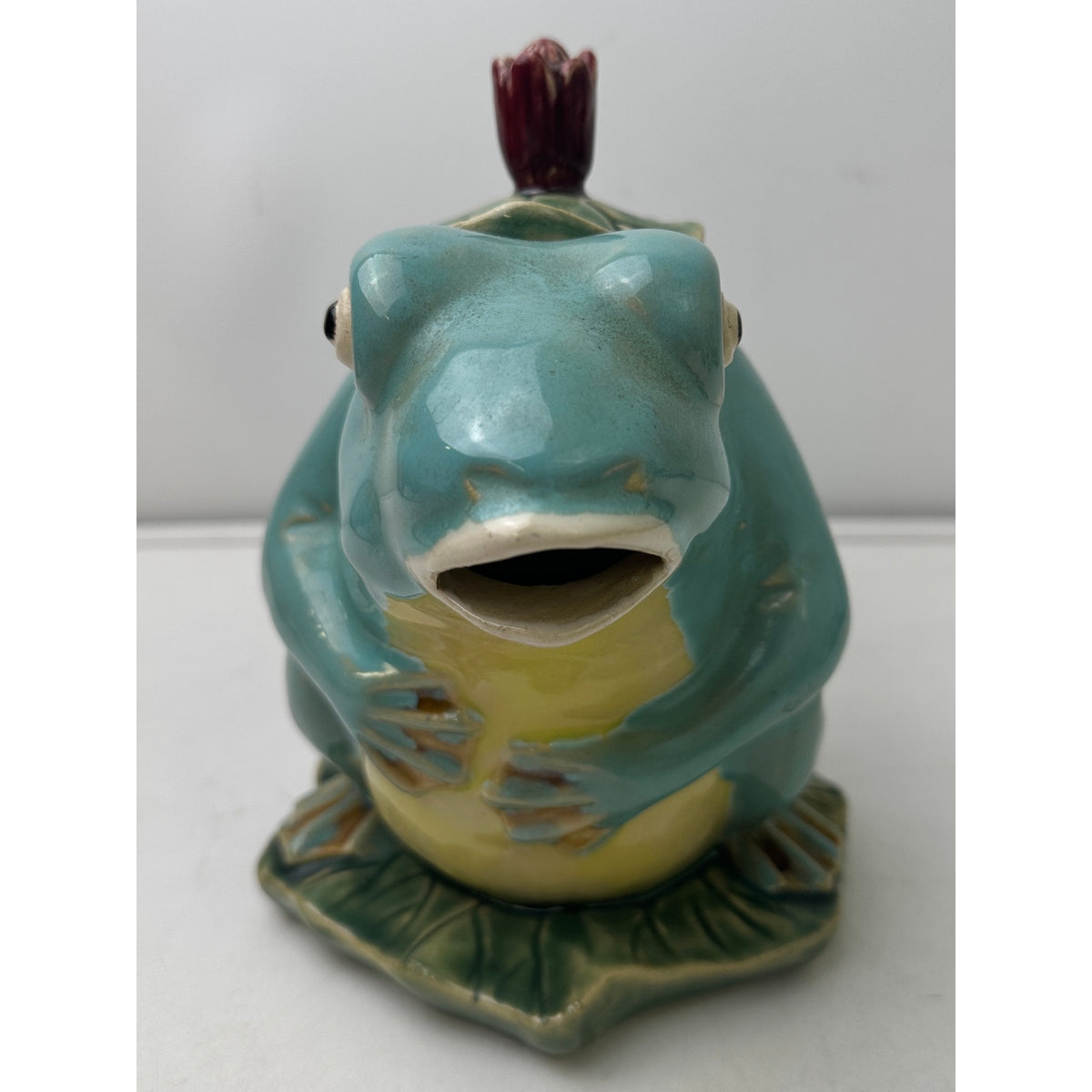 Vintage Henrikson Imports Majolica Frog Teapot, Creamer, & Sugar Bowl 3 Pc Set