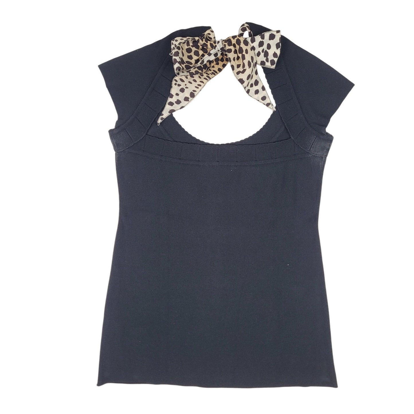 Roberto Cavalli Black Low Back Fitted Knit Top Ft. Leopard Silk Tie Back Sz S/M
